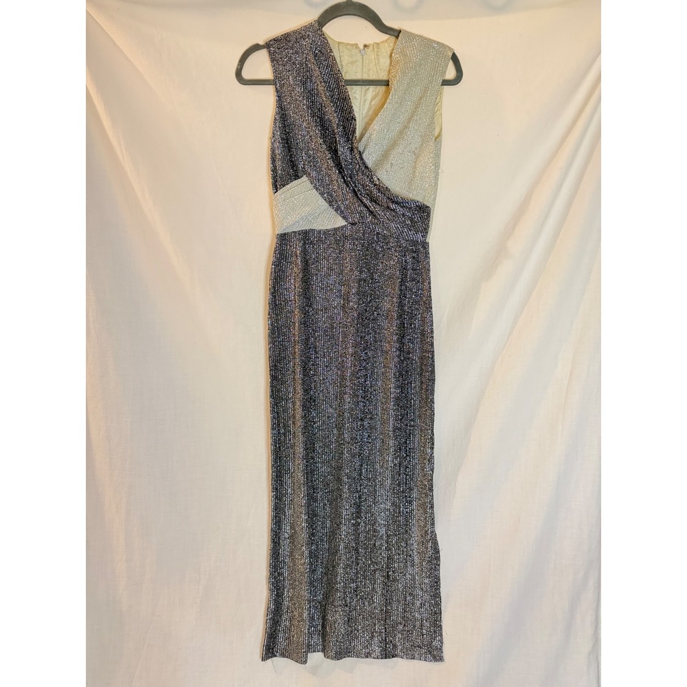 Vintage Metallic Lurex Maxi Dress Silver Gunmetal Surplice V-Neck Gown Size 10